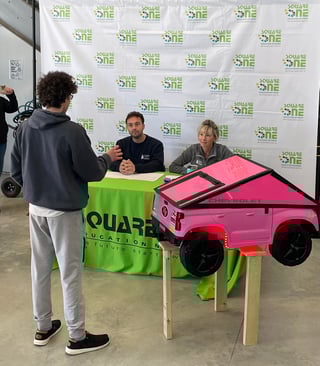 Photo of students delivering their Perfect Pitch in the Square One Design Challenge